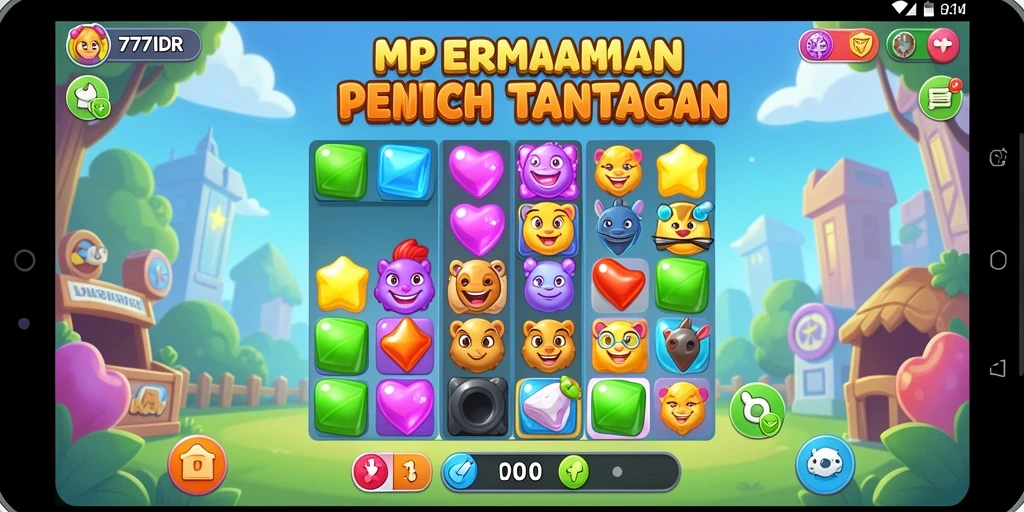 Screenshot gameplay 777IDR menunjukkan aksi Match-3 yang mendebarkan.