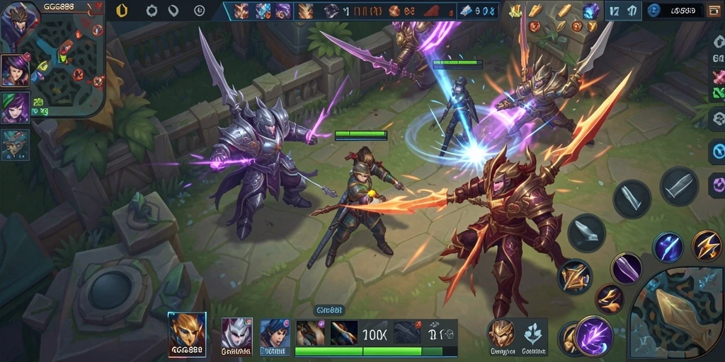 Screenshot GGG888 menampilkan aksi pertempuran hero seru di arena MOBA.