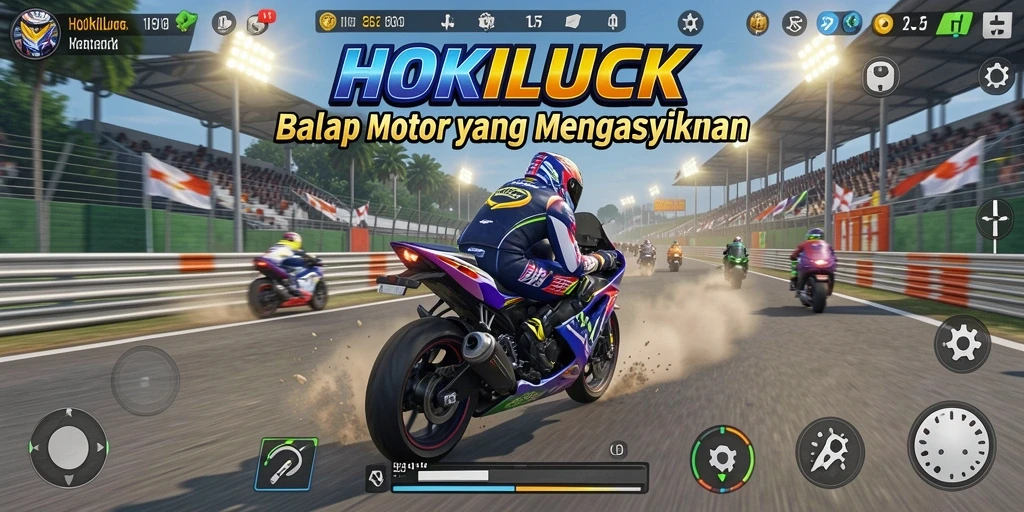 Screenshot utama HOKILUCK menunjukkan aksi balapan motor yang mendebarkan.