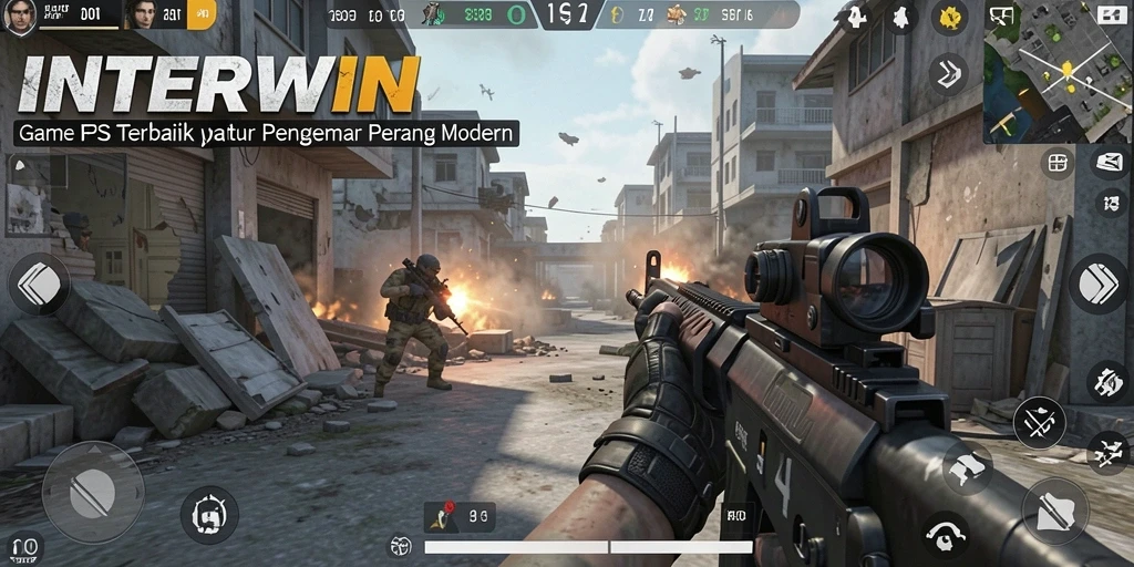 Screenshot INTERWIN menampilkan aksi pertempuran yang intens dalam game FPS.