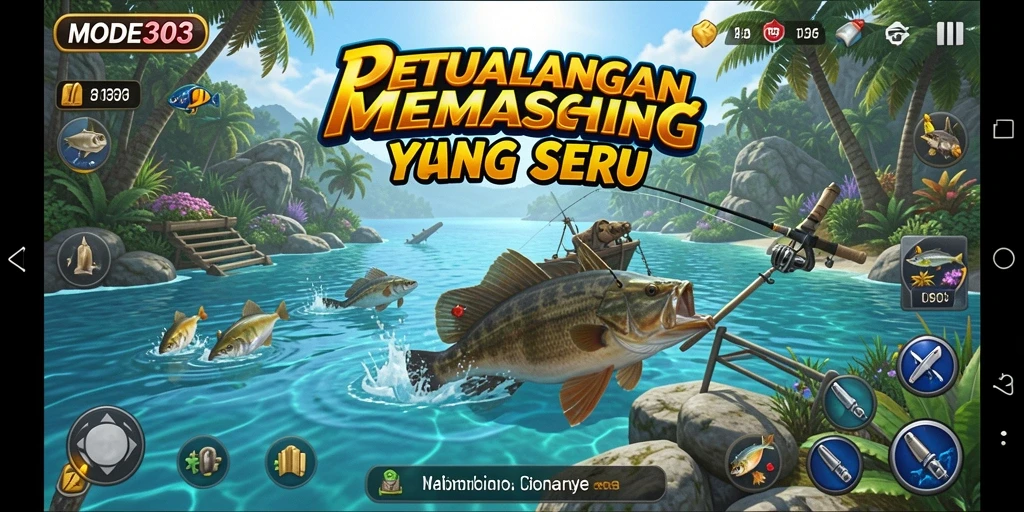 Tampilan gameplay seru dalam MODE303 saat menangkap berbagai ikan.
