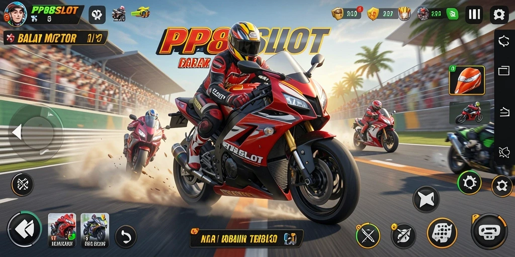 Tangkapan layar gameplay PP8SLOT menampilkan aksi balap motor yang seru dan mendebarkan.